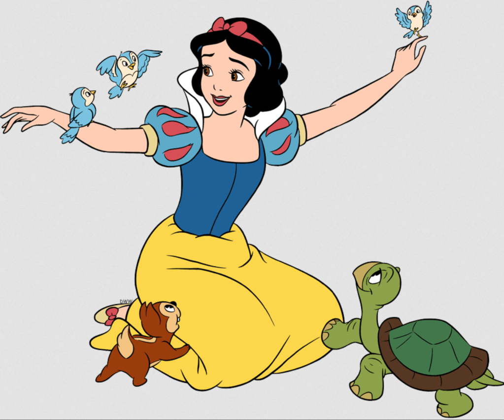 Disney's animated Snow White character, with bluebirds, a squirrel, and a turtle sitting on her outstretched arms or 